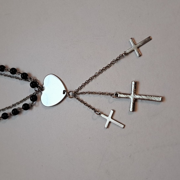 Silver Heart Cross Necklace With Black Beads - Picture 3 of 8